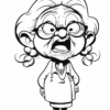 A cartoon character of an elderly woman with glasses, a bun hairstyle, and a displeased expression, wearing a dress and apron.