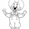 A cartoon clown with a big smile, fluffy hair, and a bow tie, holding a heart shape in one hand.