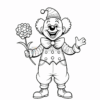 A cheerful clown with a striped shirt and bow tie, holding a flower and waving.