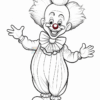 A cheerful clown with a big grin, red nose, and fluffy hair, wearing a striped outfit and bowtie, welcoming with open arms.