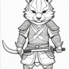A cartoon fox warrior dressed in armor, holding a sword, with a determined expression. The drawing is in black and white, ready for coloring.