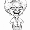 A cheerful elderly woman with curly hair, glasses, and a big smile, wearing a blouse and a plaid skirt.
