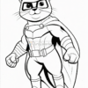 A cartoon cat superhero in a cape and mask, standing confidently with its fists clenched.