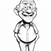 A cheerful cartoon grandfather with glasses, smiling and wearing a white shirt, suspenders, and pants, standing with hands on his hips.