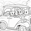 Four cartoon bears joyfully ride in a vintage car, surrounded by a scenic landscape with hills and clouds.