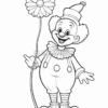 A cheerful clown with a flower, wearing a colorful outfit and a party hat, stands with a playful gesture.