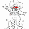 A cheerful clown with large curly hair, a red nose, and a big smile, standing with arms outstretched near flowers.
