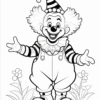 A cheerful clown with fluffy hair, wearing a striped outfit and a pointed hat, stands with arms outstretched in a garden.