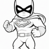A superhero character with a black mask and cape, wearing a suit with a shield emblem, stands in a strong pose.