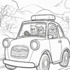 Three cartoon bears are driving a small, vintage car, smiling and enjoying the scenery of trees and mountains in the background.