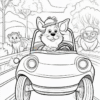 A cheerful corgi driving a small car on a scenic road, with two other animals, a cow and a raccoon, visible in the background.
