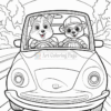 Two cartoon animals, a chipmunk and a raccoon, are happily driving a small car on a road surrounded by trees.