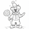 Clown character holding a large flower, wearing a colorful outfit and a pom-pom hat, smiling and waving.