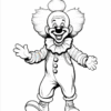 A cheerful clown with big hair and a ruffled collar, wearing oversized shoes and waving happily.