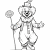 A cheerful clown with a flower on a stick, wearing a colorful outfit and big shoes, smiles and waves.