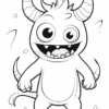 Cartoon monster character with big round eyes, a wide grin, horns, and a spiky hairstyle, standing with arms outstretched.