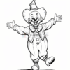 A cheerful clown with a big smile, wearing a festive hat, a bow tie, and oversized shoes, standing with arms wide open.