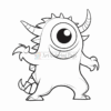 A cartoon monster with one large eye, spiky horns, and a playful stance, designed for coloring.