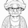 A cartoonish elderly woman with glasses, wearing a floral sweater, has an expressive and cheerful demeanor.