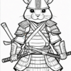 A samurai rabbit wearing armor and holding a sword, designed as a coloring page.