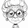 An elderly woman with large glasses and a worried expression, wearing a polka-dotted blouse and earrings.