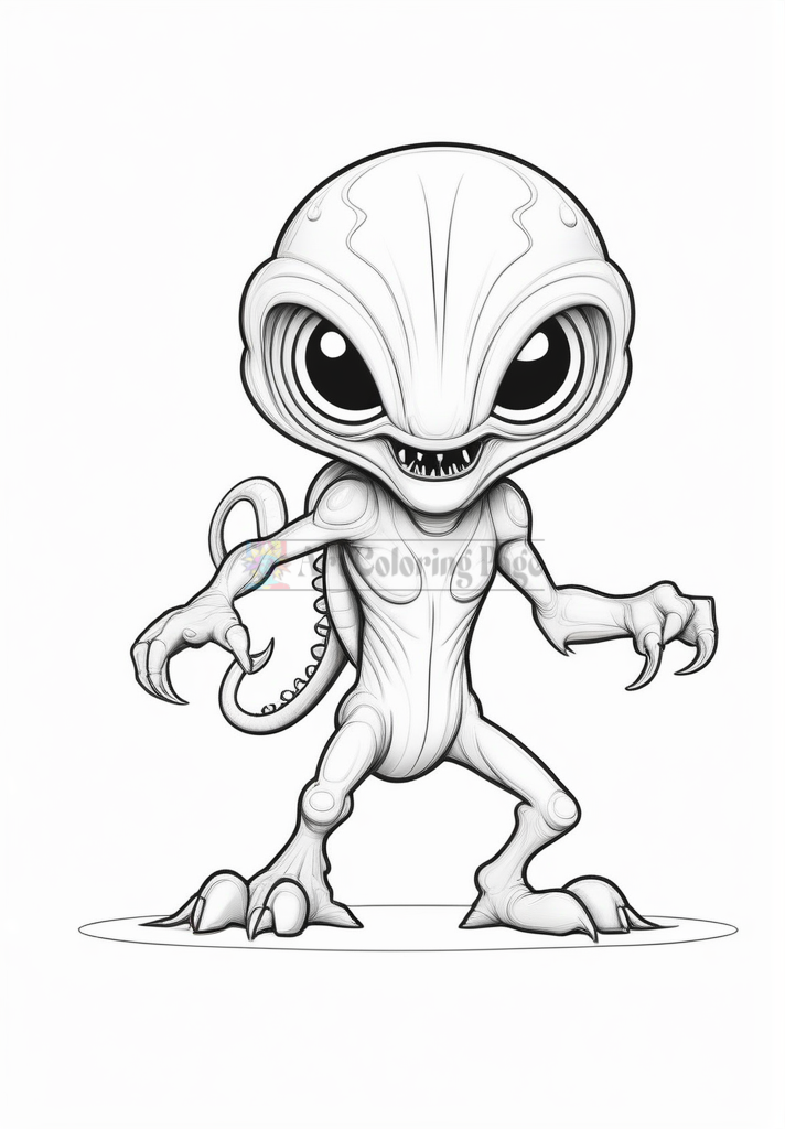 A cartoonish alien character with large eyes, a slender body, and clawed hands, standing in a playful pose.