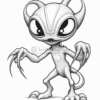 A cartoon-style alien creature with large eyes, clawed hands, and a long tail, featuring intricate line details.