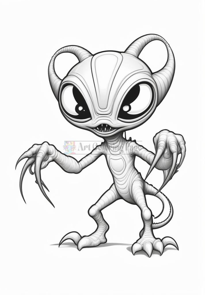 A cartoon-style alien creature with large eyes, clawed hands, and a long tail, featuring intricate line details.