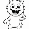 A cheerful, cartoonish monster with big eyes, sharp teeth, and two curved horns, standing with one hand raised.