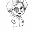Cartoon-style elderly woman with glasses, wearing a cardigan and skirt, smiling with hands on hips.