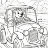 A cartoon bear driving a small car down a road, with a happy expression and a scenic background of clouds.