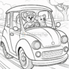 Two cartoon bears, wearing hats, are driving a small car along a winding road surrounded by trees and bushes.