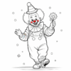 A cheerful clown with a red nose and colorful outfit holding a flower, surrounded by snowflakes and small flowers.