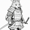 Samurai rabbit dressed in traditional armor, holding a sword, exuding a fierce and determined expression.