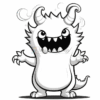 A cute cartoon monster with large eyes, a wide grin, sharp teeth, and two curly horns, standing with arms raised.