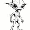 A cartoon alien character with large round eyes, a slender body, and pointed ears, standing in a confident pose.
