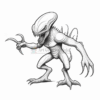A menacing alien creature with a sleek body, sharp claws, and a pronounced head with a wide mouth, ready to attack.