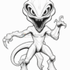 A cartoon-style alien creature with sharp teeth, claws, and a long tail, striking a menacing pose.