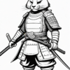 A cartoon cat in samurai armor, holding a katana, stands confidently with a determined expression.