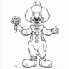 A cheerful clown with a big smile, red nose, and bowtie, holding a flower bouquet, ready to entertain.