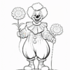 A clown with a big smile holds two flowers, wearing a ruffled collar and baggy pants.