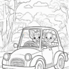 Two cartoon animals, a fox and a lion cub, are driving a small car along a road surrounded by trees and clouds.