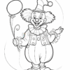 A cheerful clown holding a balloon and a flower, wearing a colorful outfit and a big red nose.