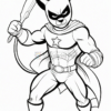 A superhero dog character with a mask, cape, and muscular build, holding a weapon and posing dramatically.