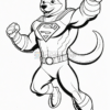 A muscular dog character dressed as Superman, with a cape and an emblem, striking a heroic pose.