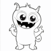 A cute cartoon monster with large eyes, two horns, and a playful expression, standing with its arms raised.