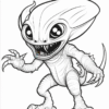 A cute, cartoonish alien creature with large eyes and sharp teeth, standing on two legs with clawed hands and a long tail.