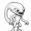 A cartoon alien character with large eyes, sharp teeth, and a unique body structure, standing confidently on a flat surface.