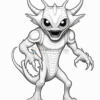 A menacing cartoon monster with large eyes, sharp teeth, and prominent horns stands in a threatening pose.