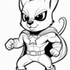 A heroic cartoon cat character in a superhero costume with a cape, striking a strong pose with a confident expression.